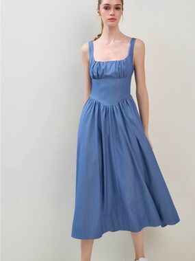 A697 Blue Square-Neck Sleeveless Midi Dress
